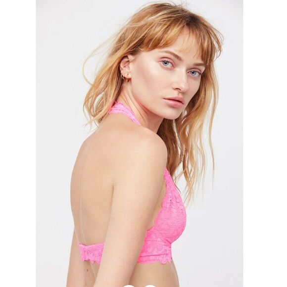 Intimately Free People XS Galloon Lace Halter Bra Bralette Pink Boho Halter Sexy - Picture 7 of 7